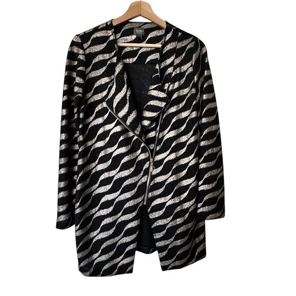 CHICO'S Travelers S Black  Metallic Wavy Striped Asymmetrical Zip-Up Jacket - Picture 13 of 14